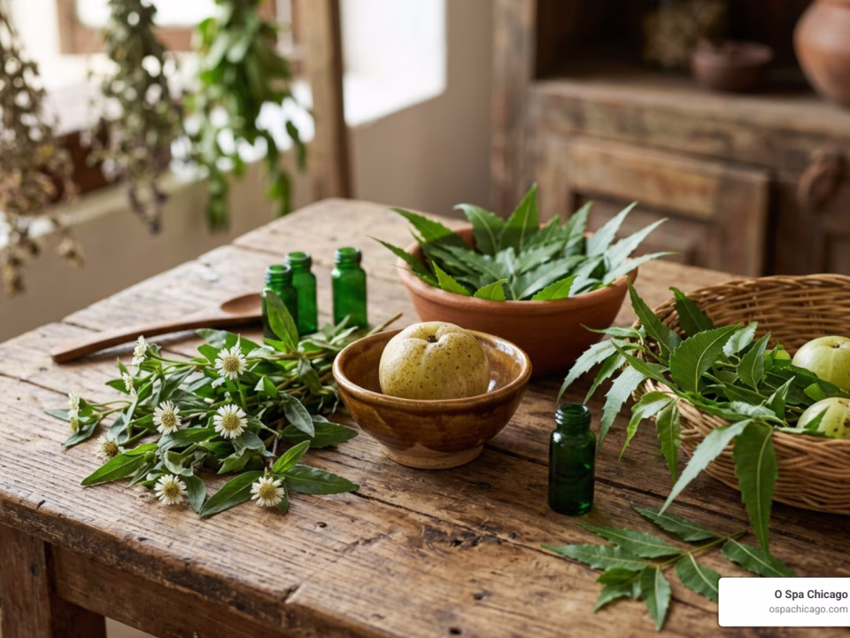 fresh Ayurvedic herbs including amla fruit, neem leaves, and bhringraj
